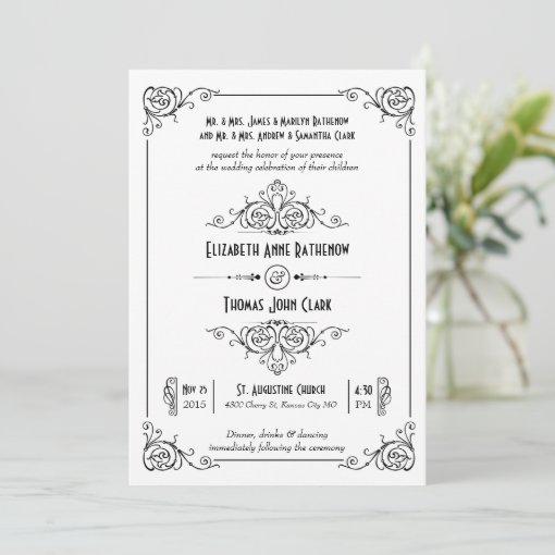 Fancy Art Deco Black & White Wedding Invitations | Zazzle