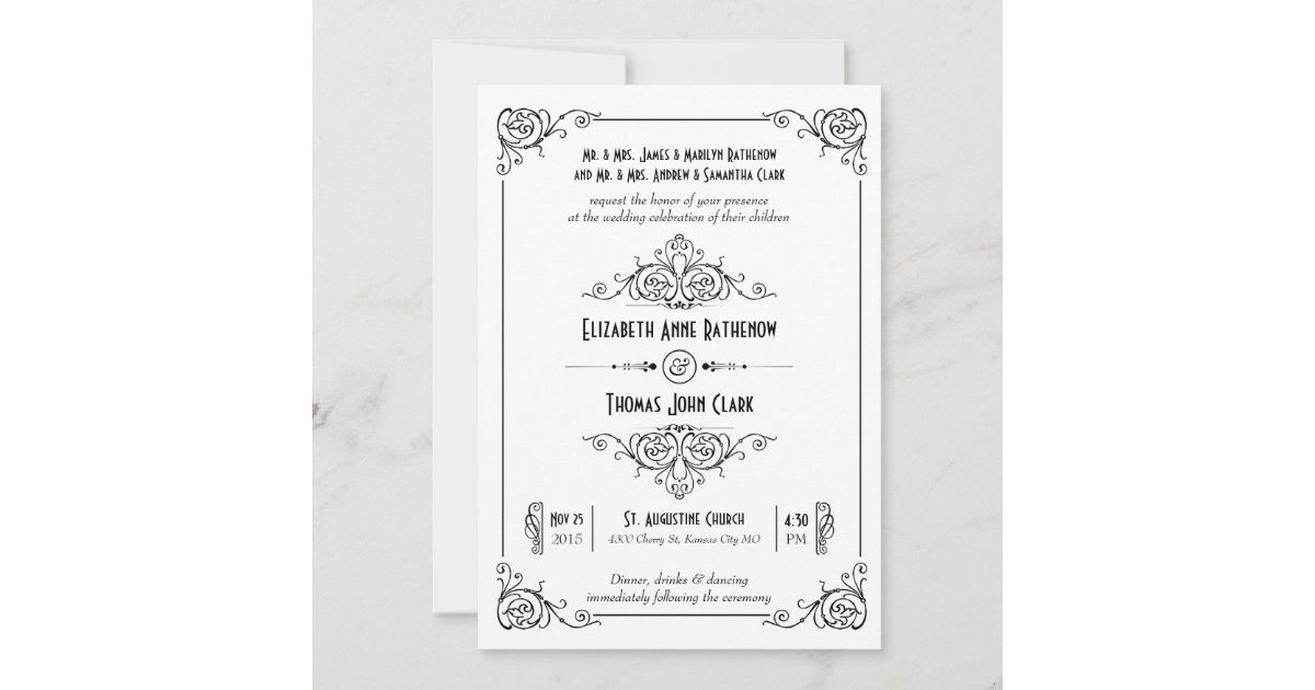 Fancy Art Deco Black & White Wedding Invitations