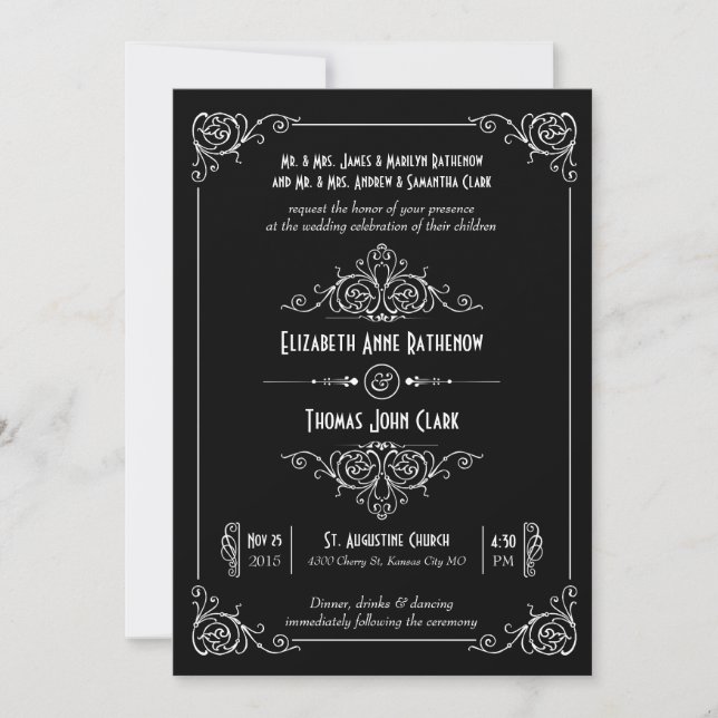 Fancy Art Deco Black & White Wedding Invitations (Front)
