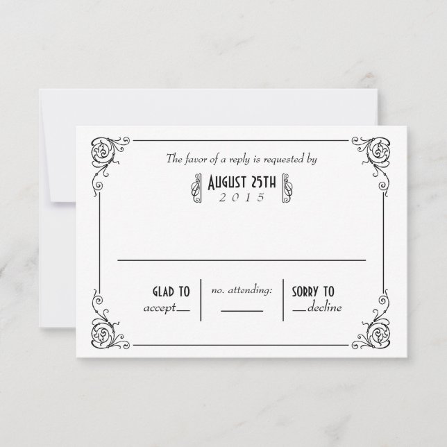 Fancy Art Deco Black & White Wedding RSVP Cards (Front)