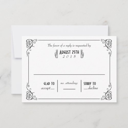 Fancy Art Deco Black  White Wedding RSVP Cards