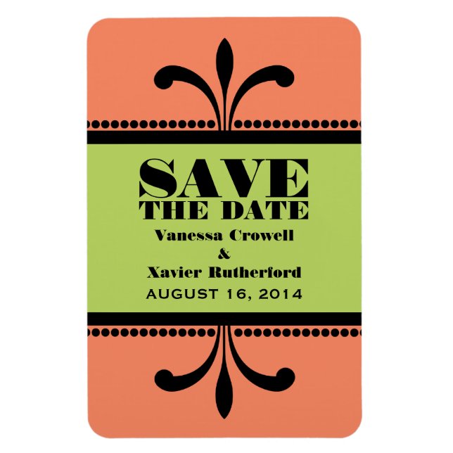 Fancy Art Deco Save the Date Magnet Orange/Green (Vertical)