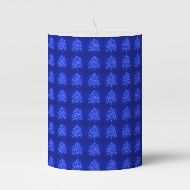 Fancy Artistic Christmas Tree Pattern Holiday Blue Pillar Candle (Front)