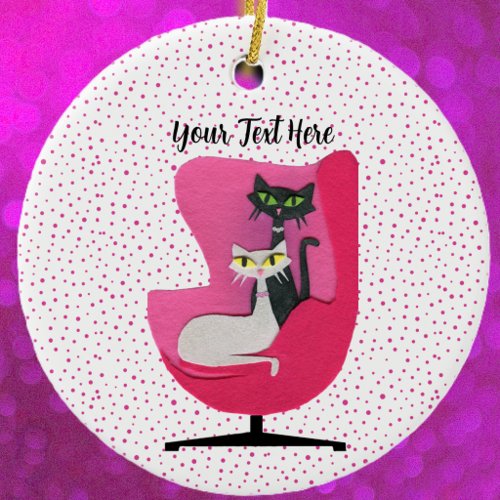 Fancy Atomic Cats in Pink Chair Polka Dots White Ceramic Ornament