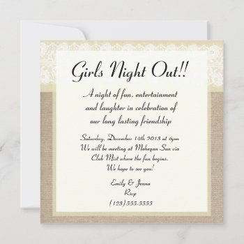 Fancy Beige Burlap Lace Girls Night Out Invitation by Mintleafstudio at Zazzle