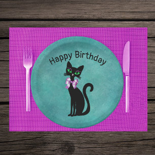 Fancy Birthday Cat in Pink Bow Green Eyes on Teal Paper Plates