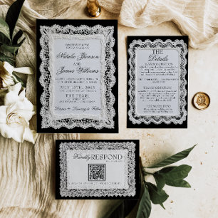Fancy Blac And White Lace Old Money Wedding Invitation