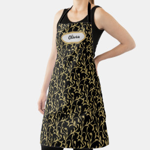 Fancy Black and Gold Leaf Filigree Pattern Brown Apron
