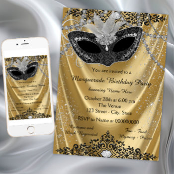 Fancy Black And Gold Masquerade Party Invitation by Pure_Elegance at Zazzle