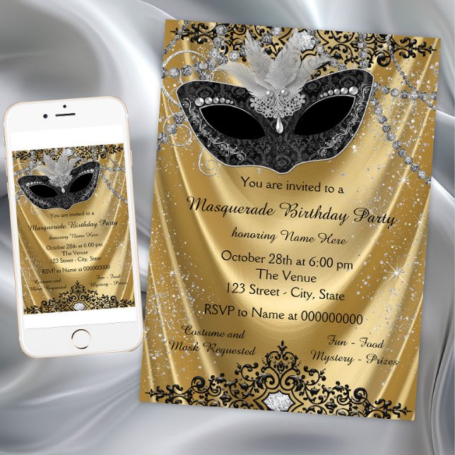 Fancy Black and Gold Masquerade Party Invitation