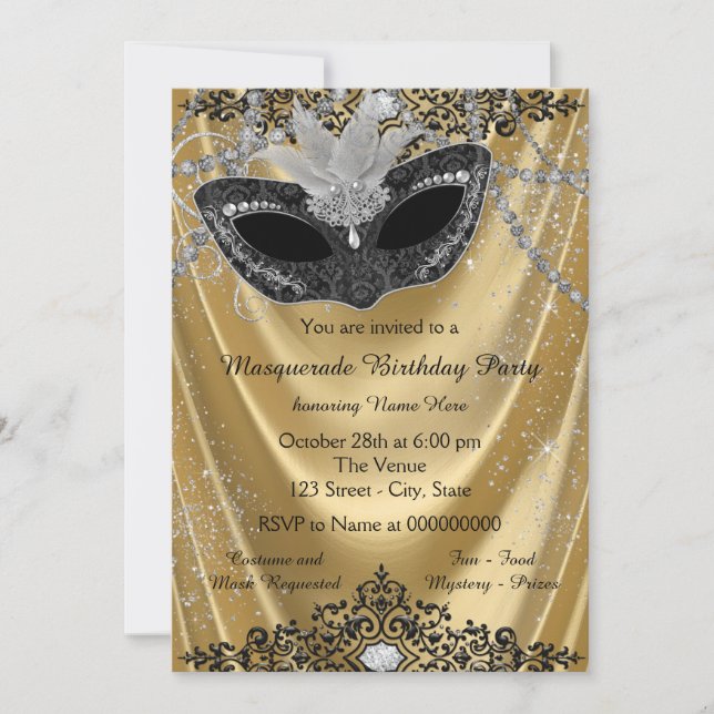 Fancy Black and Gold Masquerade Party Invitation (Front)