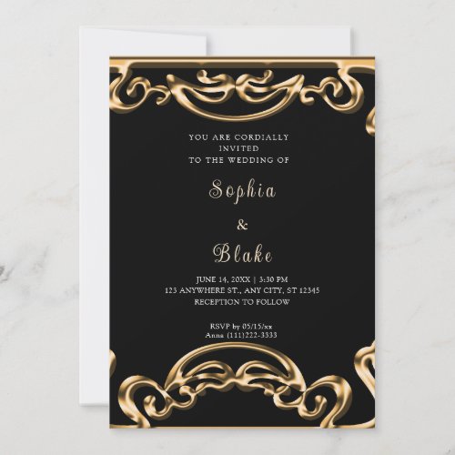 Fancy Black and Gold Scroll Art Deco Wedding Invitation