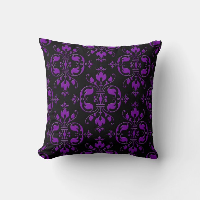 Fancy Black and Purple Damask Throw Pillow (Front)
