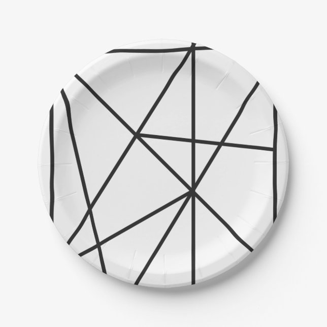 Fancy Black and White Simple Geometric Pattern Paper Plates (Front)