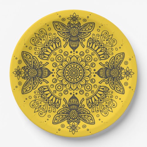 Fancy Black Bee Mandala  Paper Plates