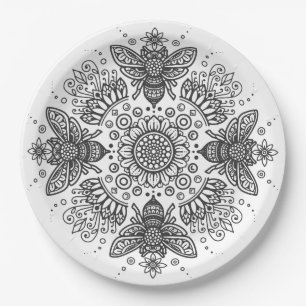 Fancy Black Bee Mandala Paper Plates