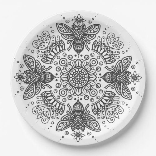 Fancy Black Bee Mandala Paper Plates