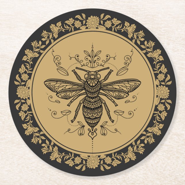 Fancy Black Bee  Round Paper Coaster (Front)