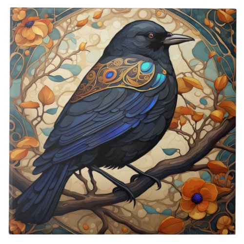 Fancy Black Bird in an Art Nouveau Art Deco style Ceramic Tile