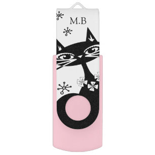 Fancy Black Cat on White Monogram Flash Drive