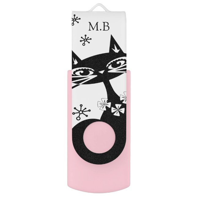 Fancy Black Cat on White Monogram Flash Drive (Back (Vertical))