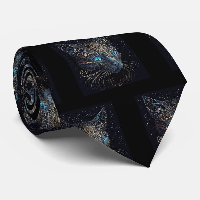 Fancy Black Cat Painting Neck Tie (Rolled)