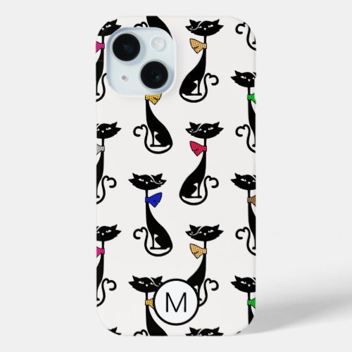 Fancy Black Cats Quirky Pattern Monogram iPhone 15 Case
