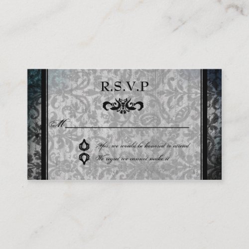 Fancy Black Damask Monogram Reception RSVP Card