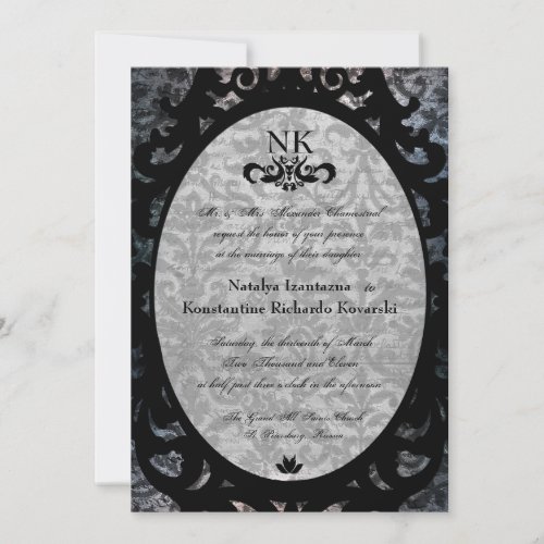 Fancy Black Damask Oval Goth Wedding Invite