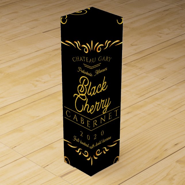 Fancy black faux gold homemade wine personalized box (Front)