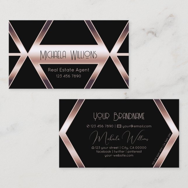 Fancy Black Geometric Shimmery Rose Gold Classy Business Card (Front/Back)