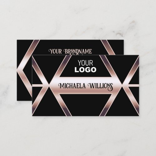Fancy Black Geometric with Chic Rose Gold and Logo Business Card