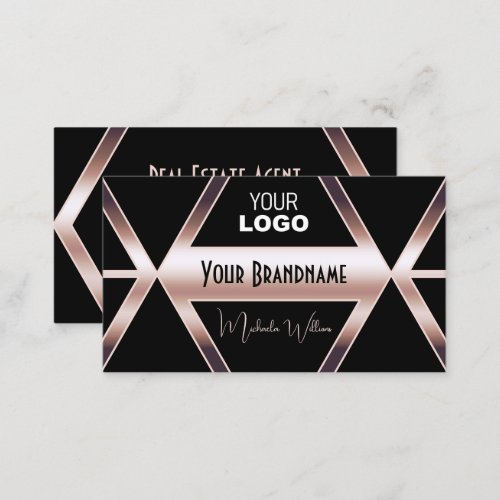 Fancy Black Geometric with Cool Rose Gold and Logo Business Card