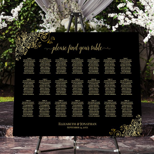 Fancy Black & Gold 21 Table Wedding Seating Chart Foam Board (In Situ on Stand with Flowers)