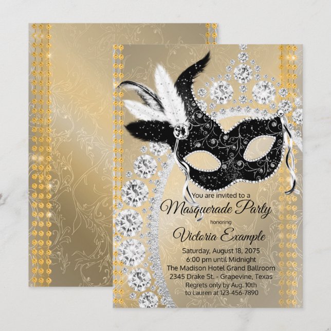 Fancy Black Gold Diamond Masquerade Birthday Party Invitation (Front/Back)