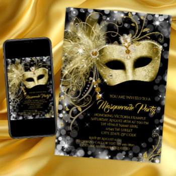 Fancy Black Gold Glitter Masquerade Party Invitation by Pure_Elegance at Zazzle