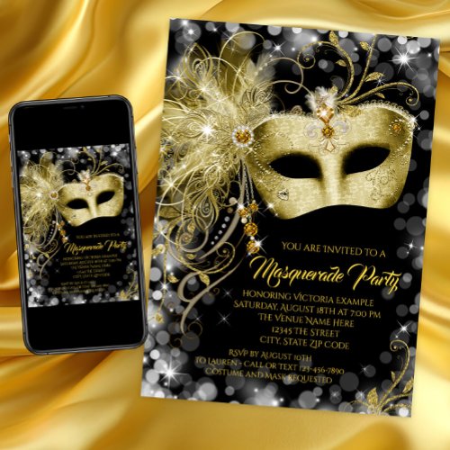 Fancy Black Gold Glitter Masquerade Party Invitation
