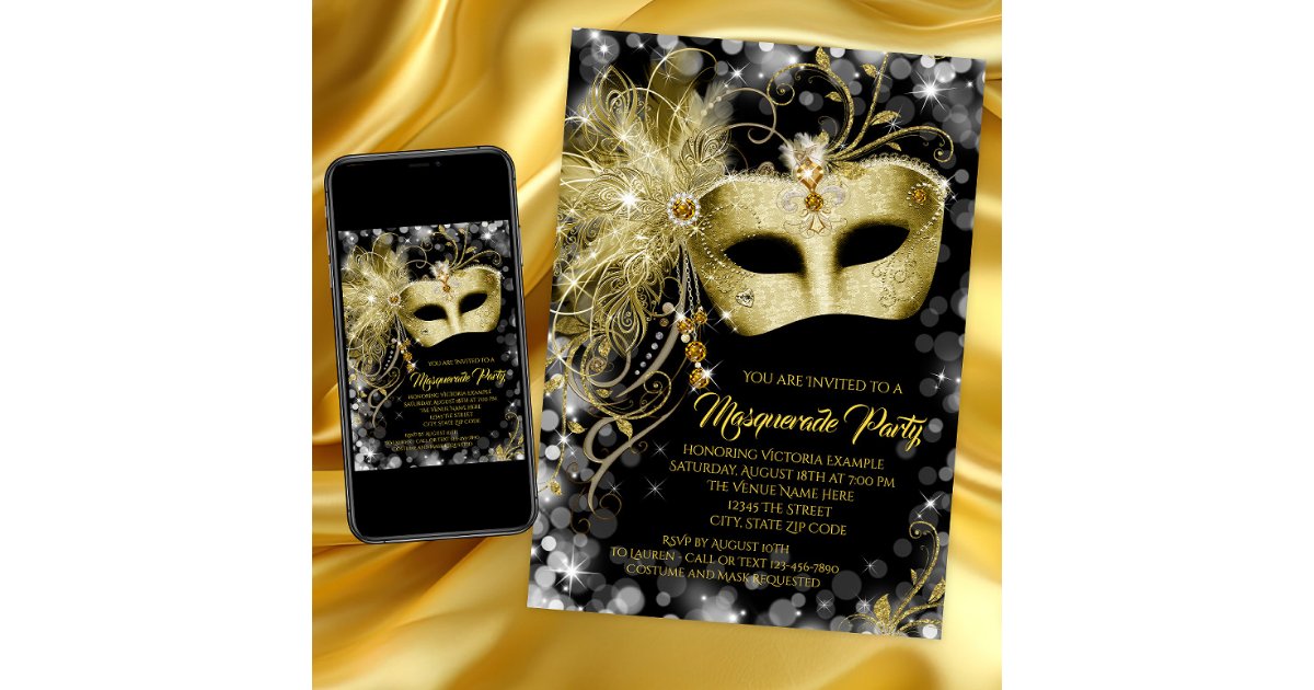 Fancy Black Gold Glitter Masquerade Party Invitation 