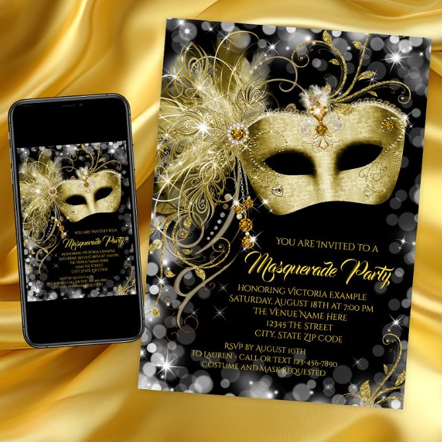 Fancy Black Gold Glitter Masquerade Party Invitation
