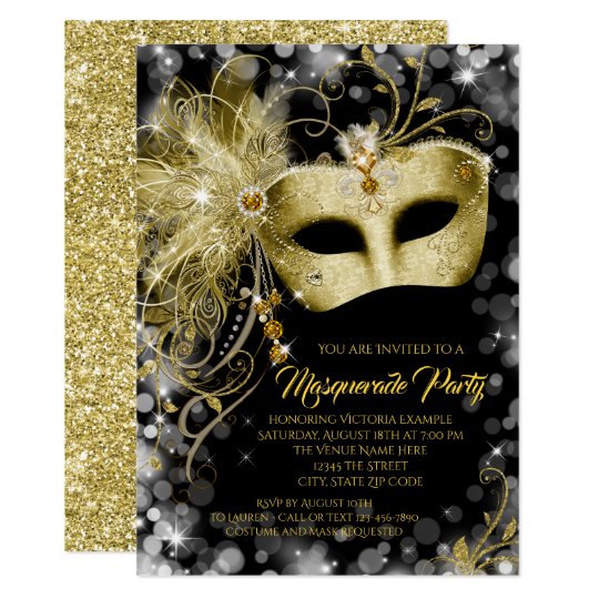 Fancy Black Gold Glitter Masquerade Party Invitation