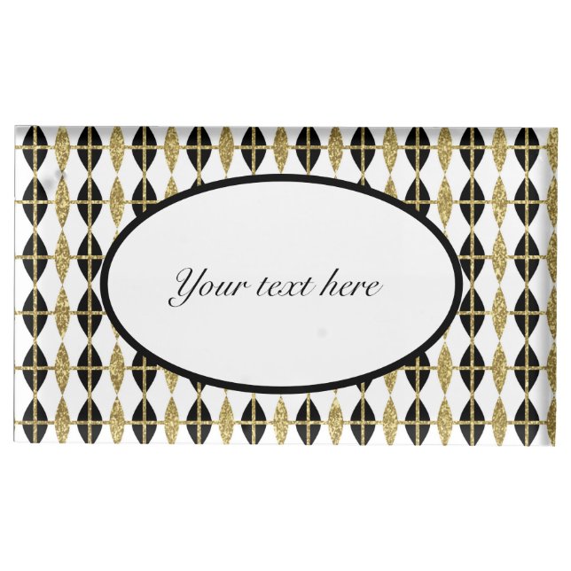 Fancy Black Gold Harlequin Customizable Place Card Holder (Front)