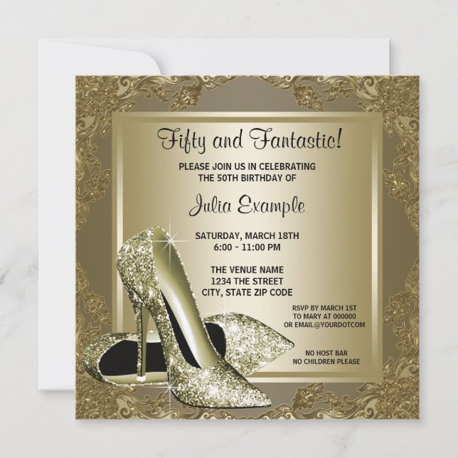 Fancy Black Gold High Heel Womans Birthday Party Invitation (Front)