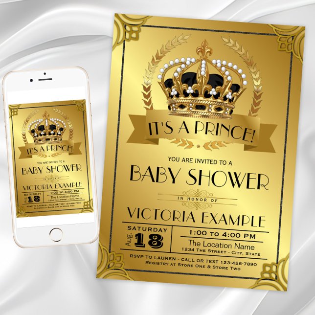 Fancy Black Gold Prince Baby Shower Invitations (Black gold prince baby shower invitation. Instant download and printed invitations available.)