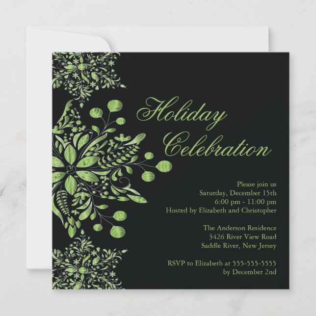 Fancy Black Jewel Snowflakes Holiday Party Invitation (Front)
