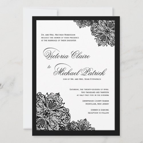 Fancy Black Lace Script Wedding Invitations