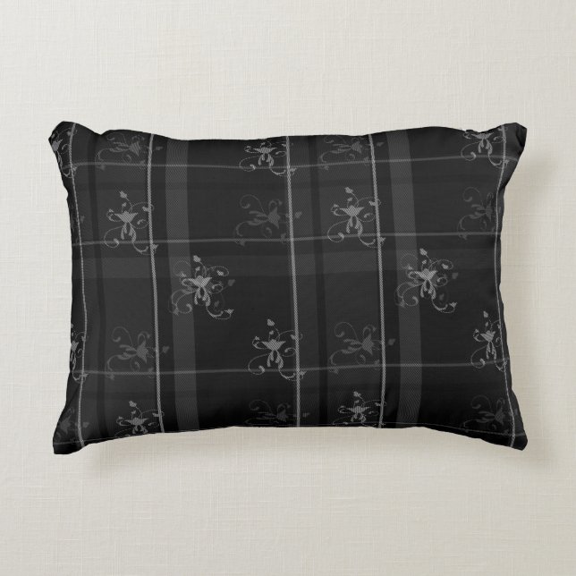 Fancy Black Plaid Cotton Accent Pillow 16" x 12" (Front)
