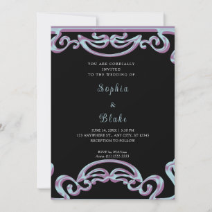 Fancy Black, Purple & Blue Scroll Art Deco Wedding Invitation
