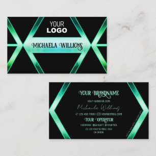 Fancy Black Shimmery Teal Pattern with Logo Modern Business Card