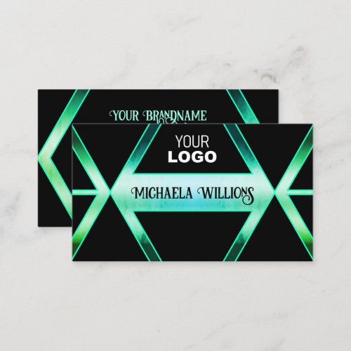 Fancy Black Shimmery Teal Pattern with Logo Modern Business Card