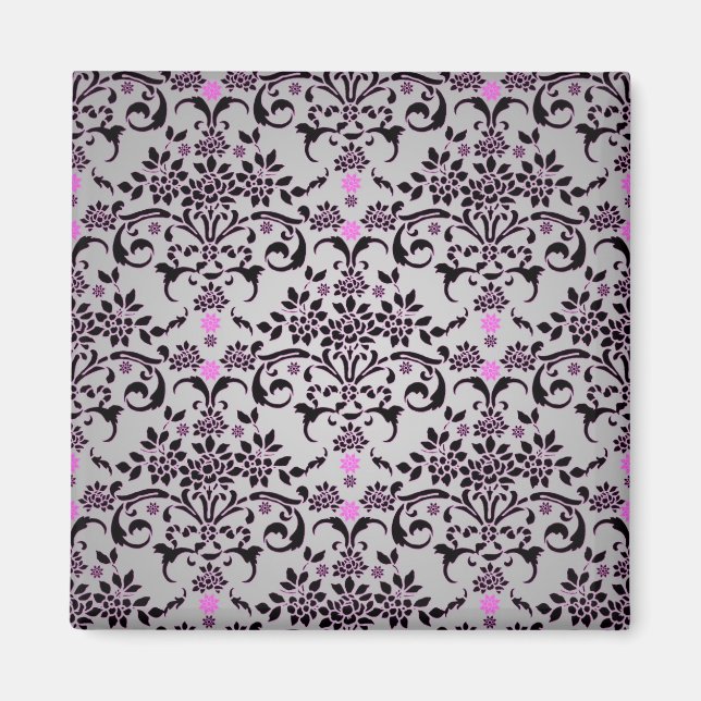 Fancy Black Silver Purple Floral Damask Pattern Magnet (Front)